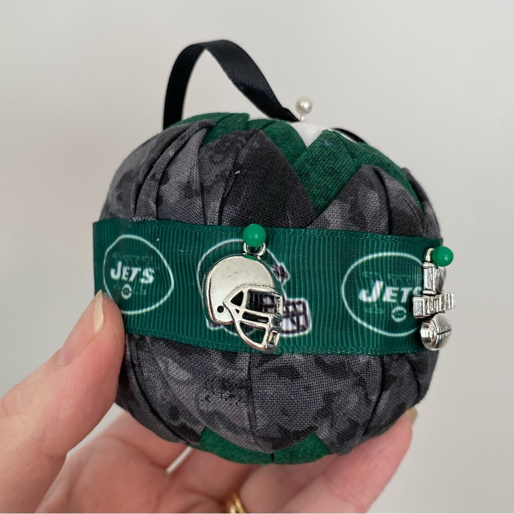Handmade New York Jets Quilted Ornament with silver Football Charms